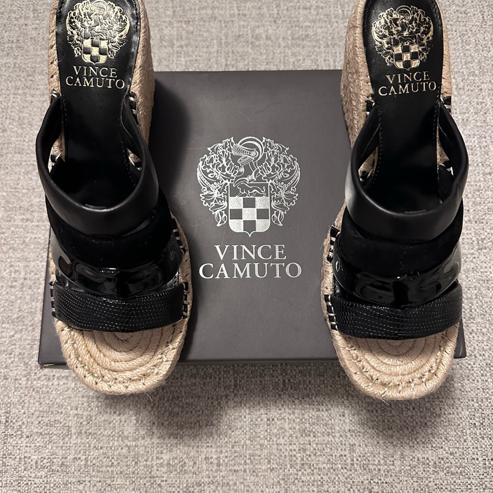 Vince Camuto Black and Tan Espadrille Wedges